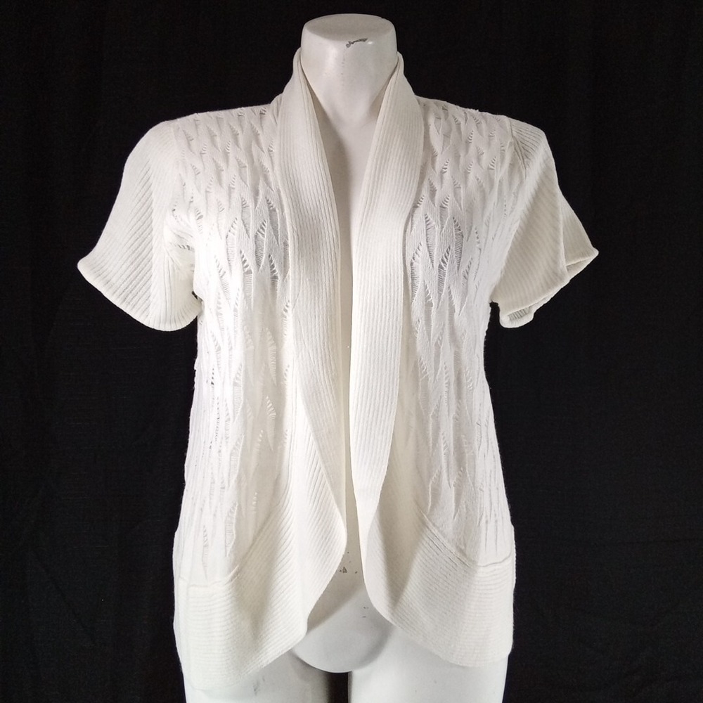 Sara Morgan Sweater Cardigan Ivory Open Front Ribbed Short Sl Pretty Design